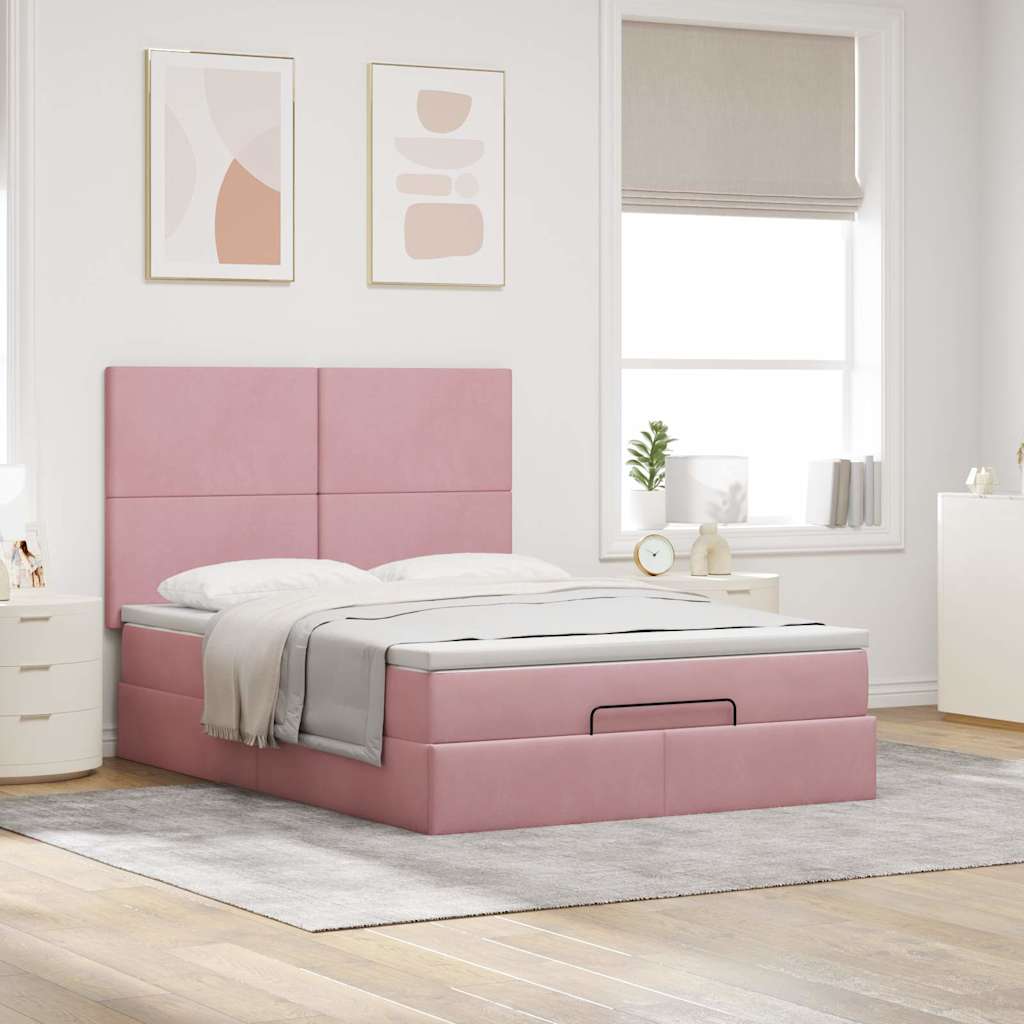 Cadre de lit ottoman avec matelas rose 140x190 cm velours - XIOS