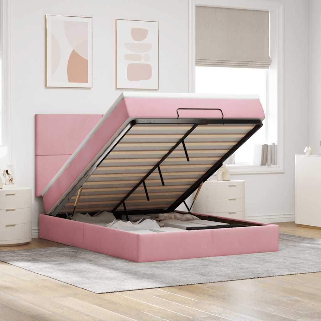 Cadre de lit ottoman avec matelas rose 140x190 cm velours - XIOS