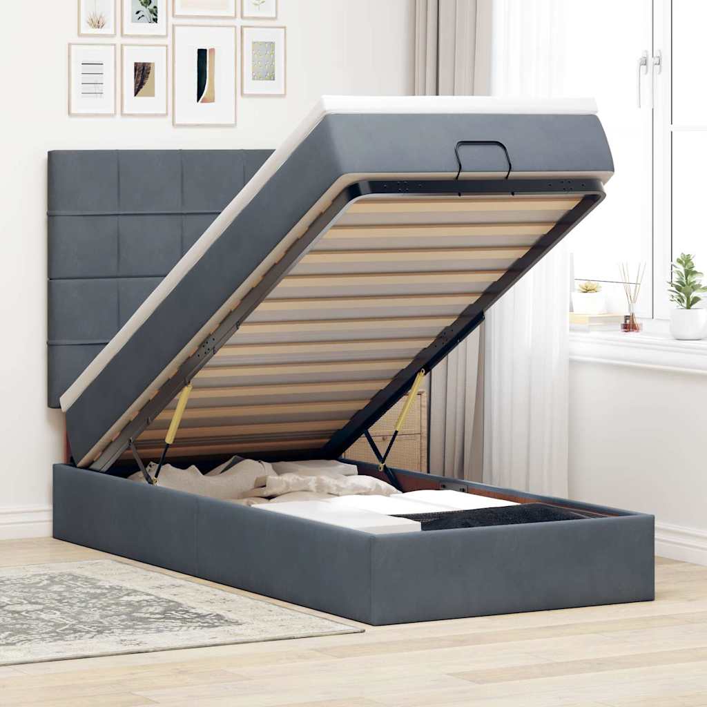 Cadre de lit ottoman avec matelas gris foncé 80x200 cm velours - XIOS