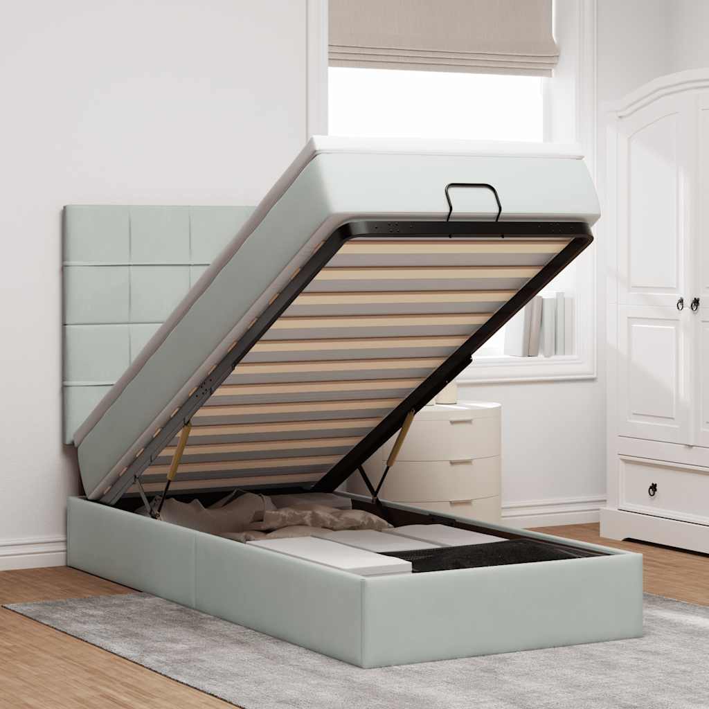 Cadre de lit ottoman et matelas gris clair 90x190 cm velours - XIOS