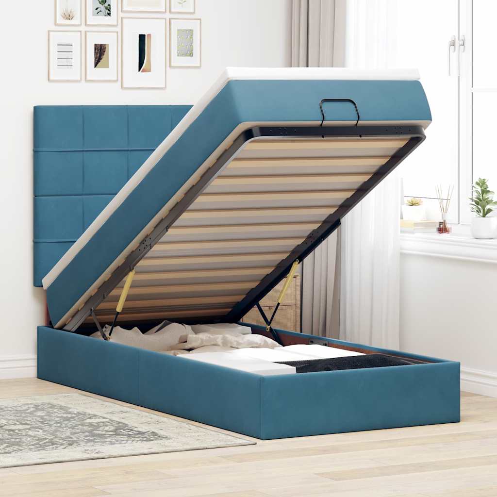 Cadre de lit ottoman avec matelas bleu foncé 90x190 cm velours - XIOS
