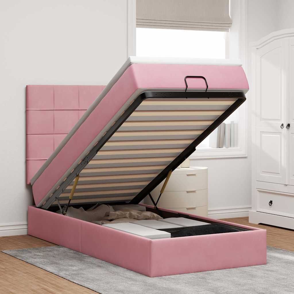 Cadre de lit ottoman avec matelas rose 90x190 cm velours - XIOS