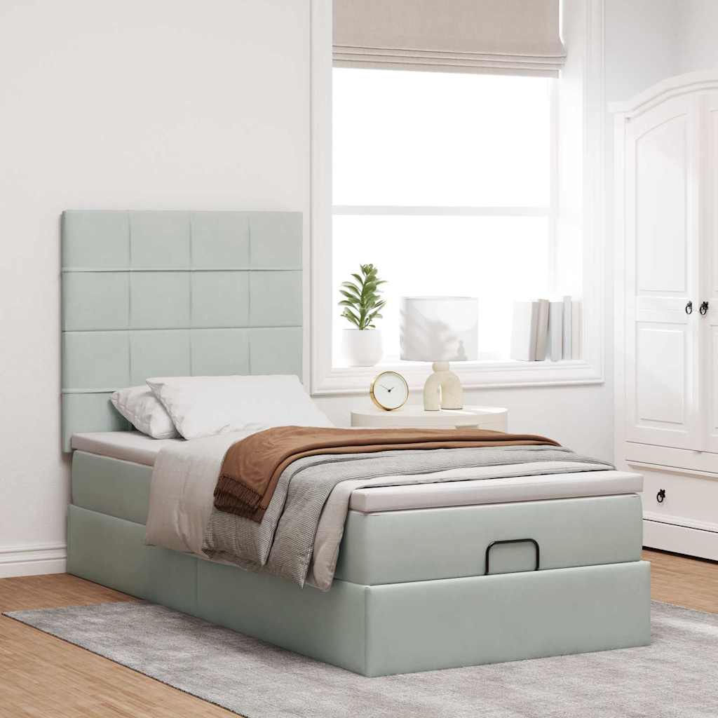 Cadre de lit ottoman et matelas gris clair 90x200 cm velours - XIOS