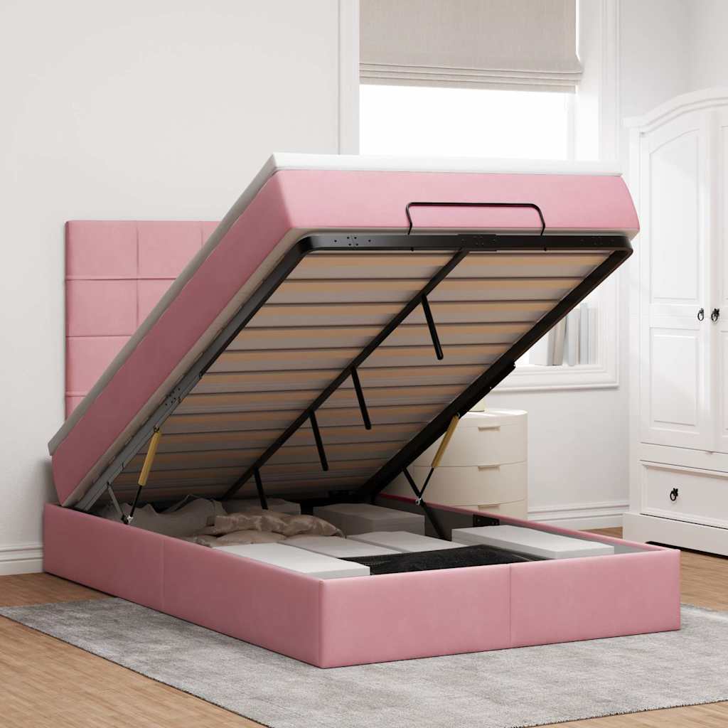Cadre de lit ottoman avec matelas rose 120x200 cm velours - XIOS