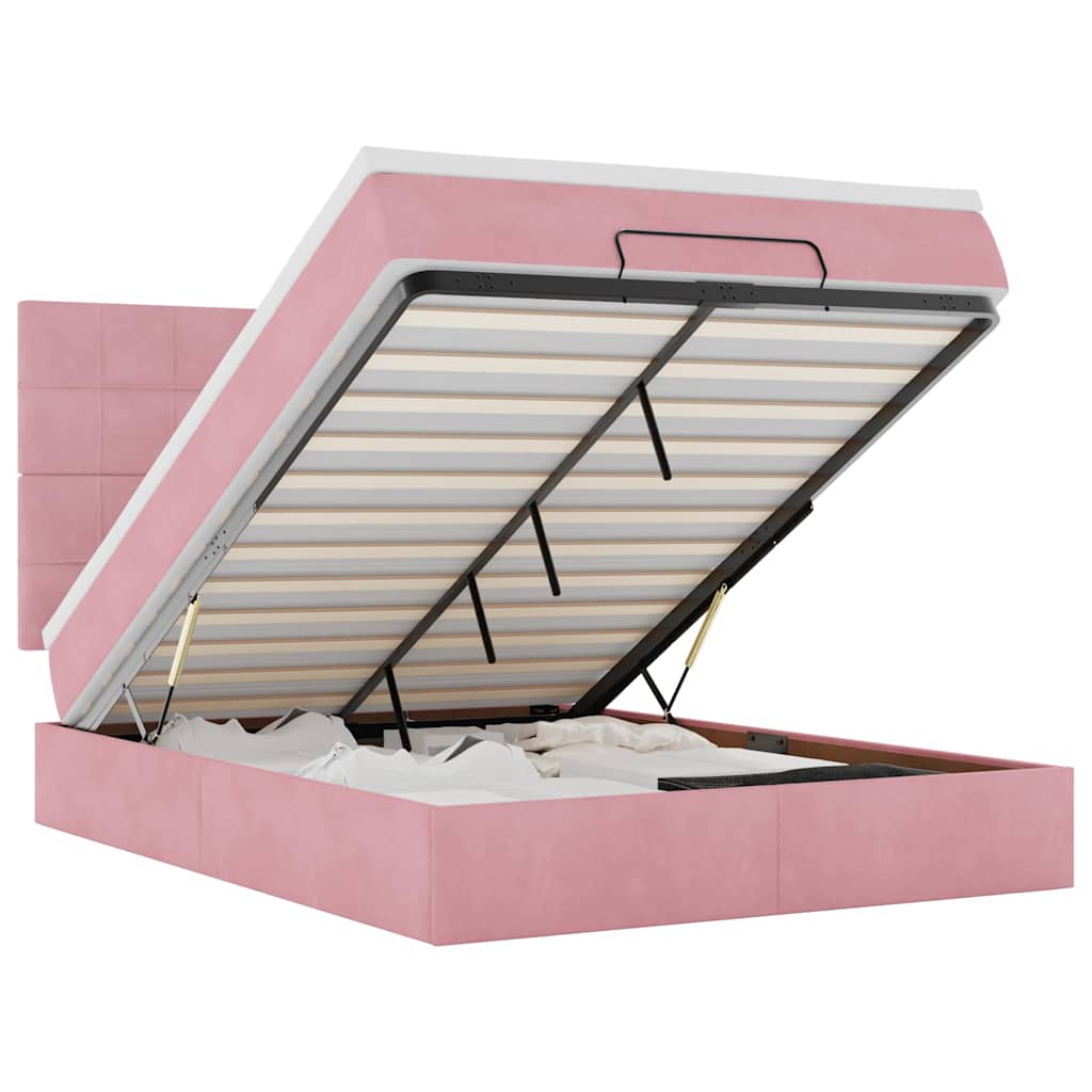Cadre de lit ottoman avec matelas rose 140x190 cm velours - XIOS