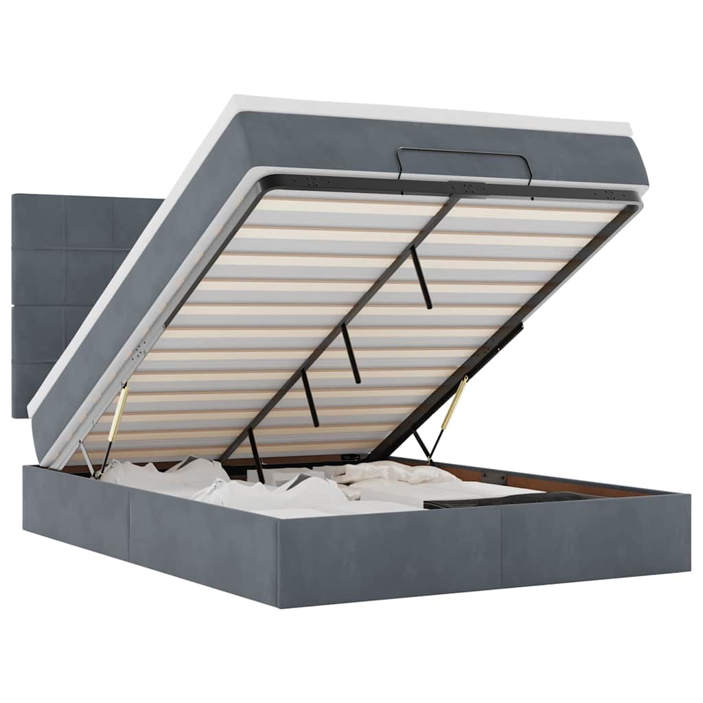 Cadre de lit ottoman avec matelas gris foncé 140x200 cm velours - XIOS