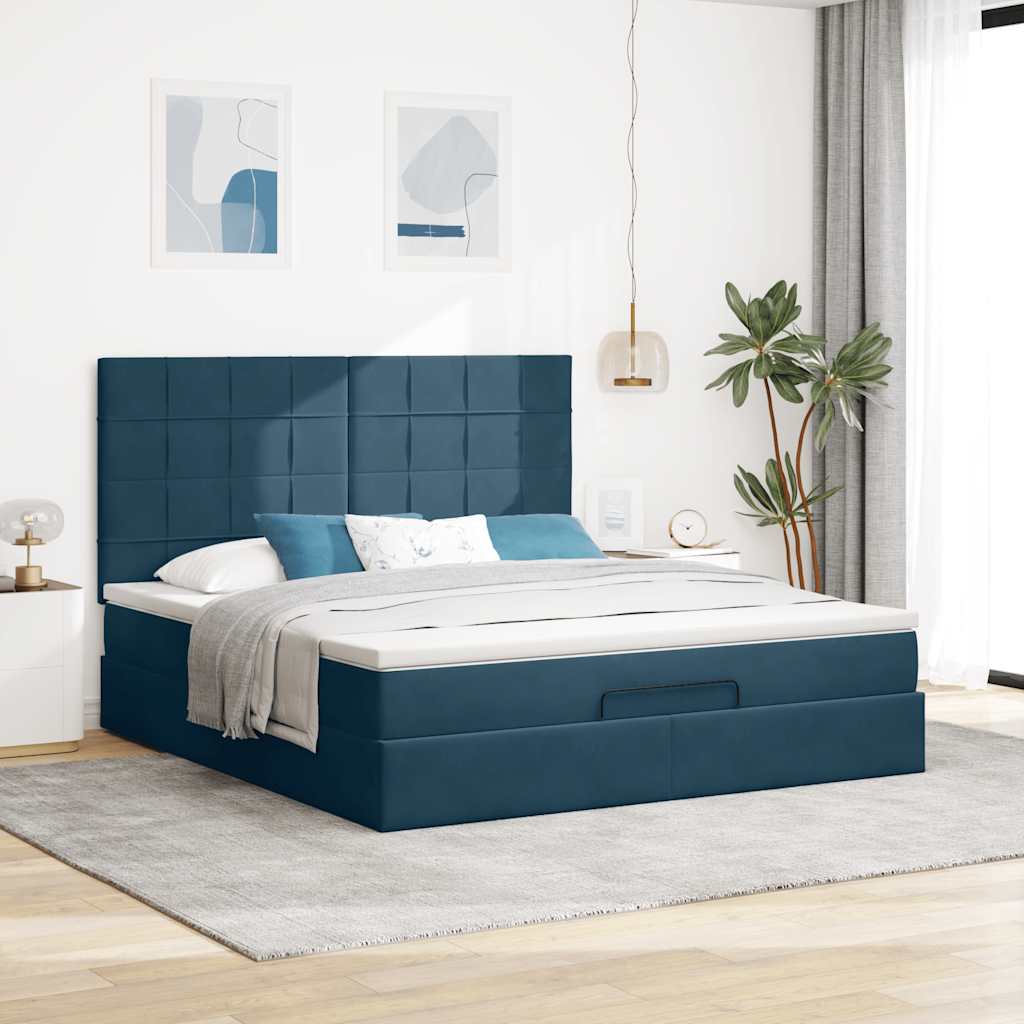 Cadre de lit ottoman avec matelas bleu foncé 160x200 cm velours - XIOS