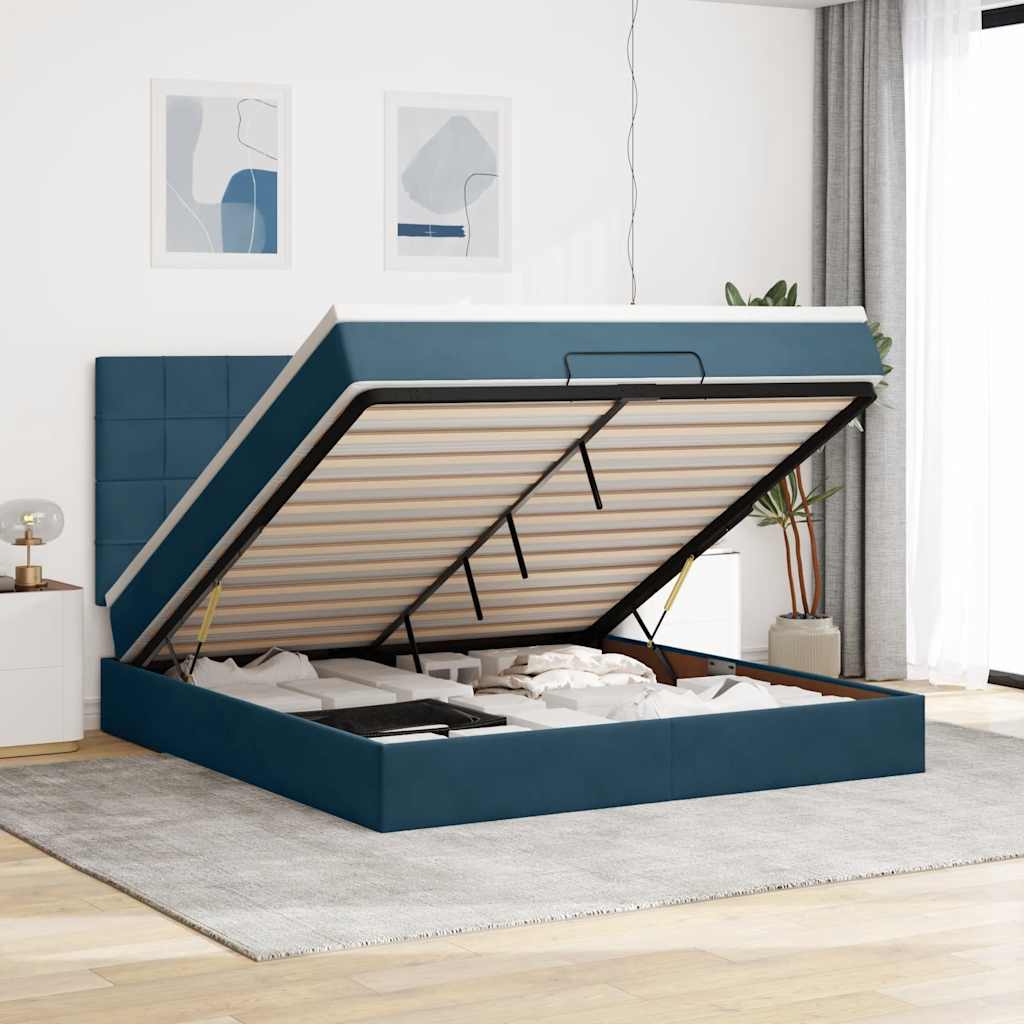 Cadre de lit ottoman avec matelas bleu foncé 160x200 cm velours - XIOS
