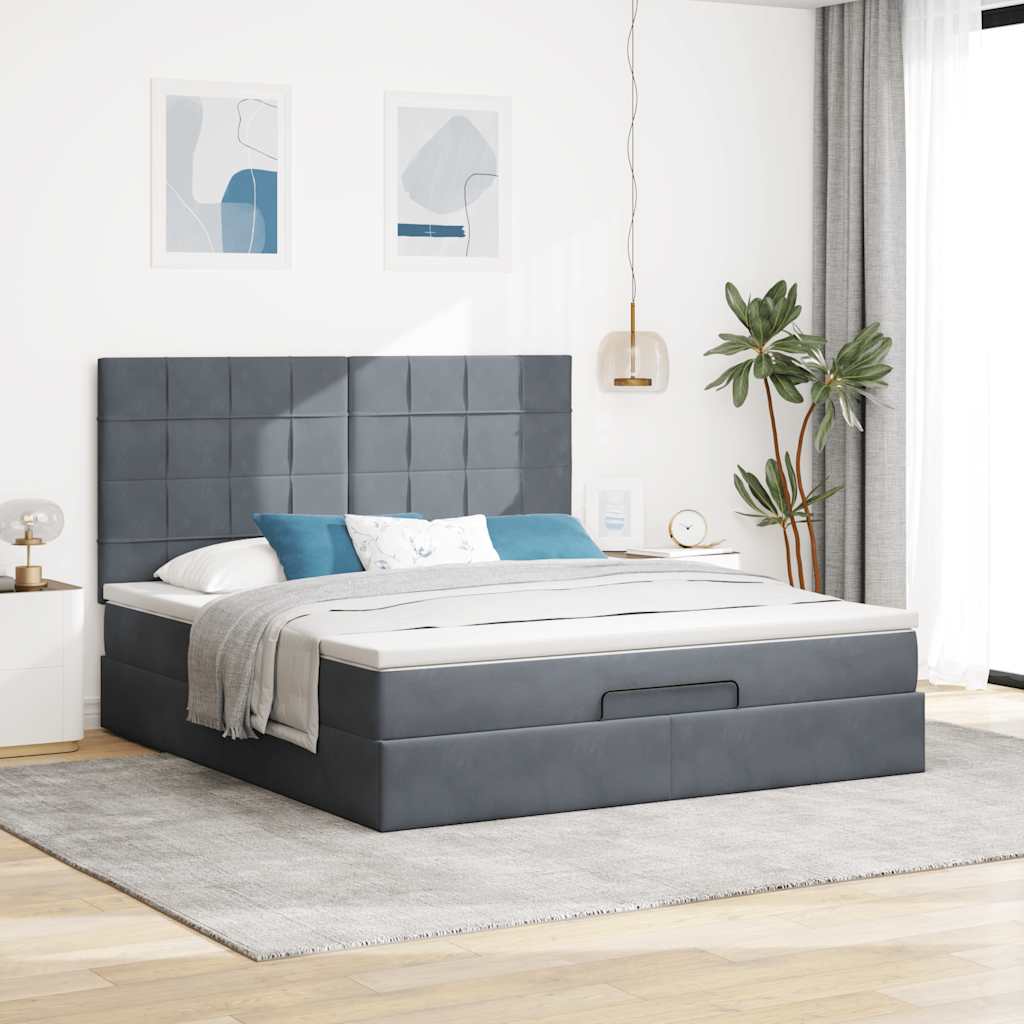 Cadre de lit ottoman avec matelas gris foncé 180x200cm velours - XIOS