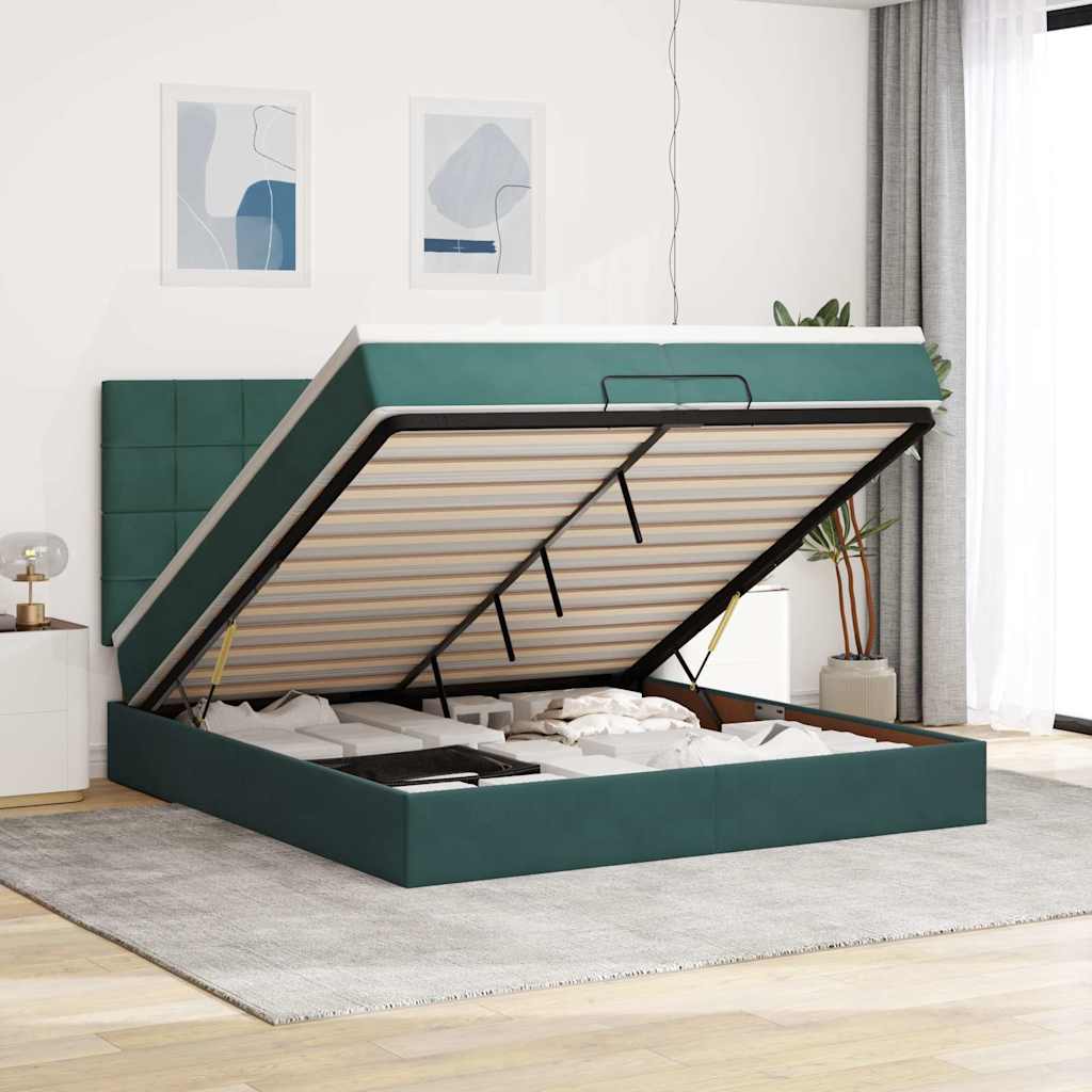 Cadre de lit ottoman avec matelas vert foncé 200x200 cm velours