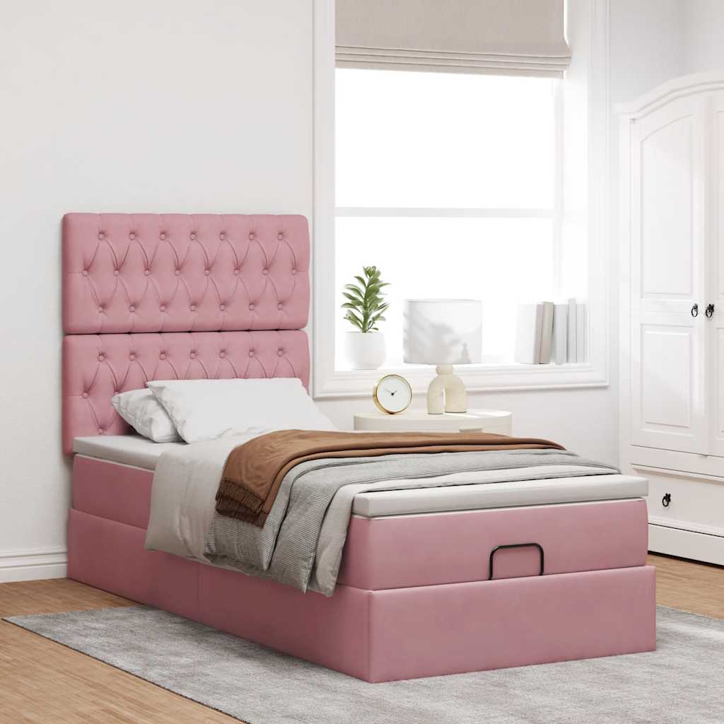 Cadre de lit ottoman avec matelas rose 80x200 cm velours - XIOS