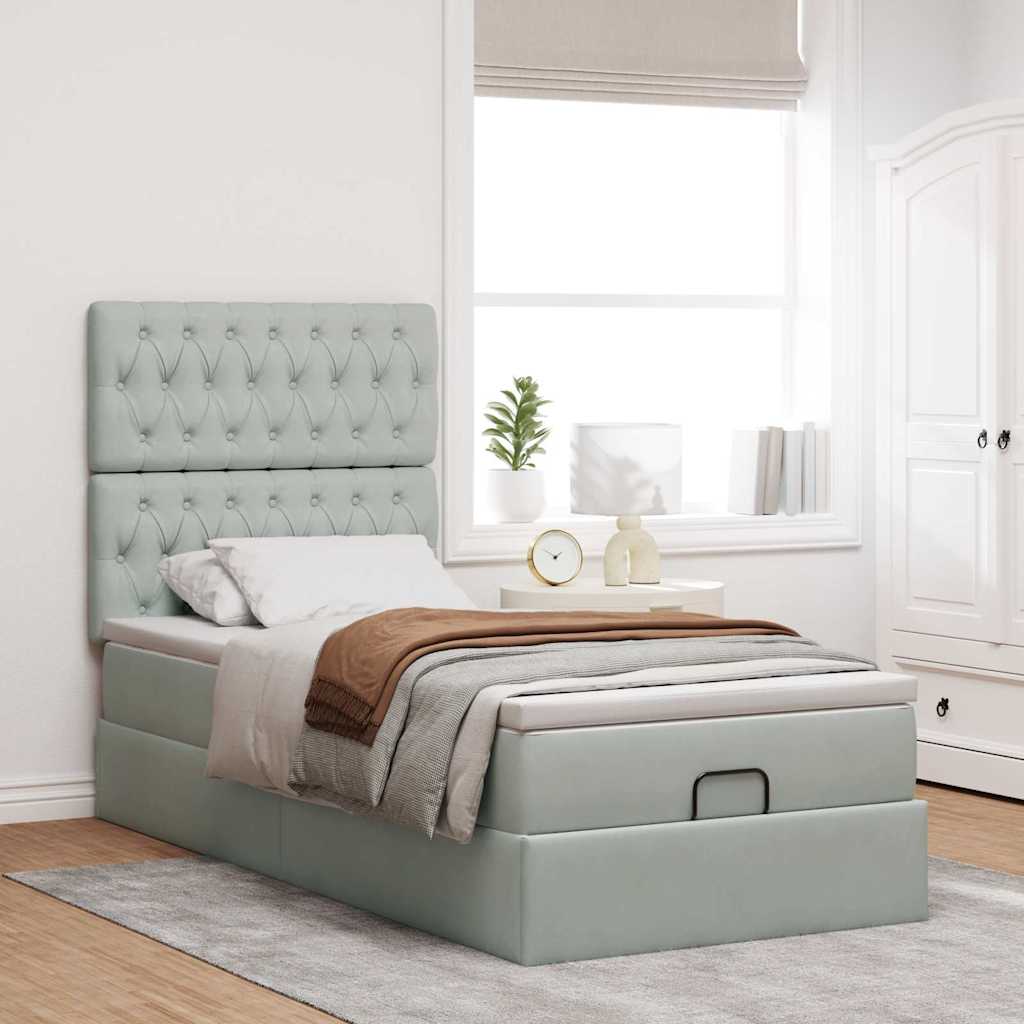 Cadre de lit ottoman et matelas gris clair 90x190 cm velours - XIOS