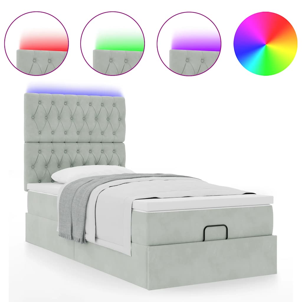 Cadre de lit ottoman et matelas gris clair 90x190 cm velours - XIOS