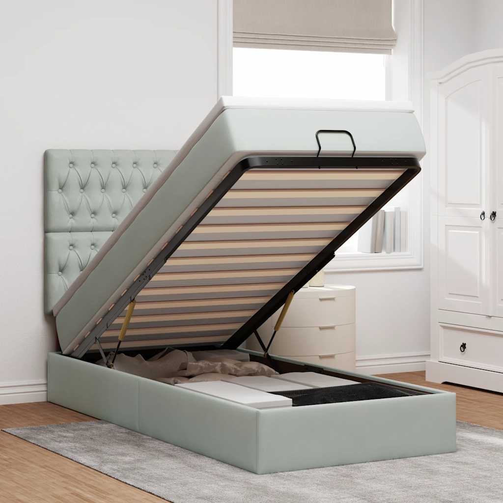 Cadre de lit ottoman et matelas gris clair 90x190 cm velours - XIOS