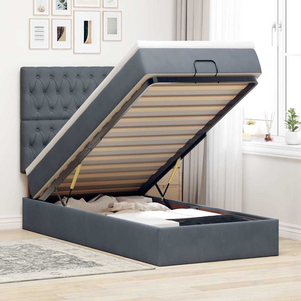 Cadre de lit ottoman avec matelas gris foncé 90x190 cm velours - XIOS