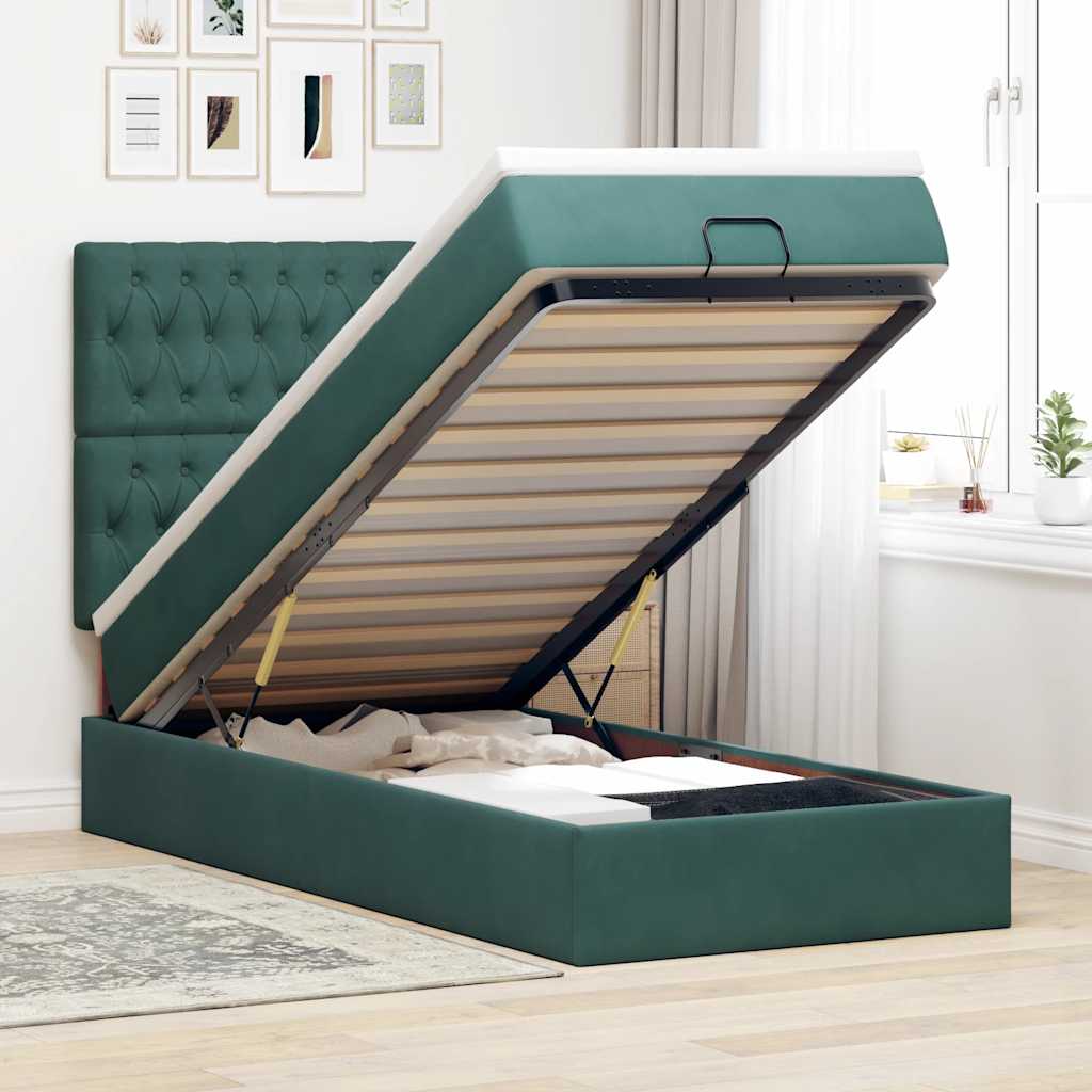 Cadre de lit ottoman avec matelas vert foncé 90x190 cm velours - XIOS