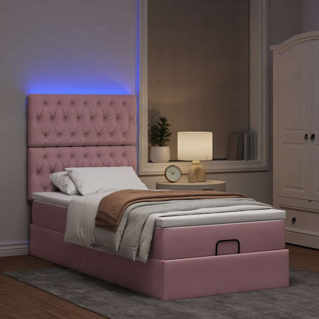 Cadre de lit ottoman avec matelas rose 90x190 cm velours