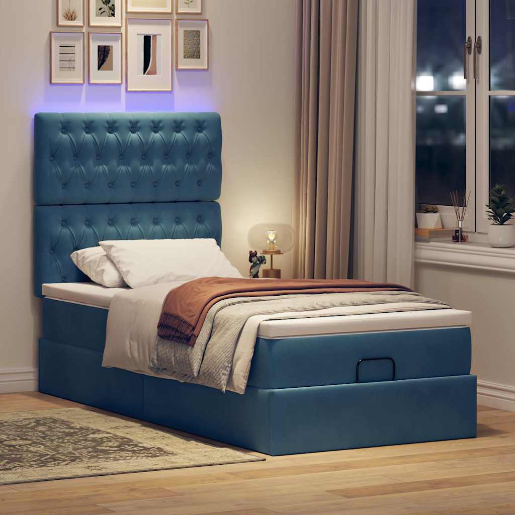 Cadre de lit ottoman avec matelas bleu foncé 90x200 cm velours - XIOS