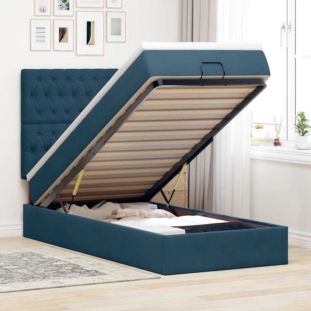 Cadre de lit ottoman avec matelas bleu foncé 100x200 cm velours - XIOS