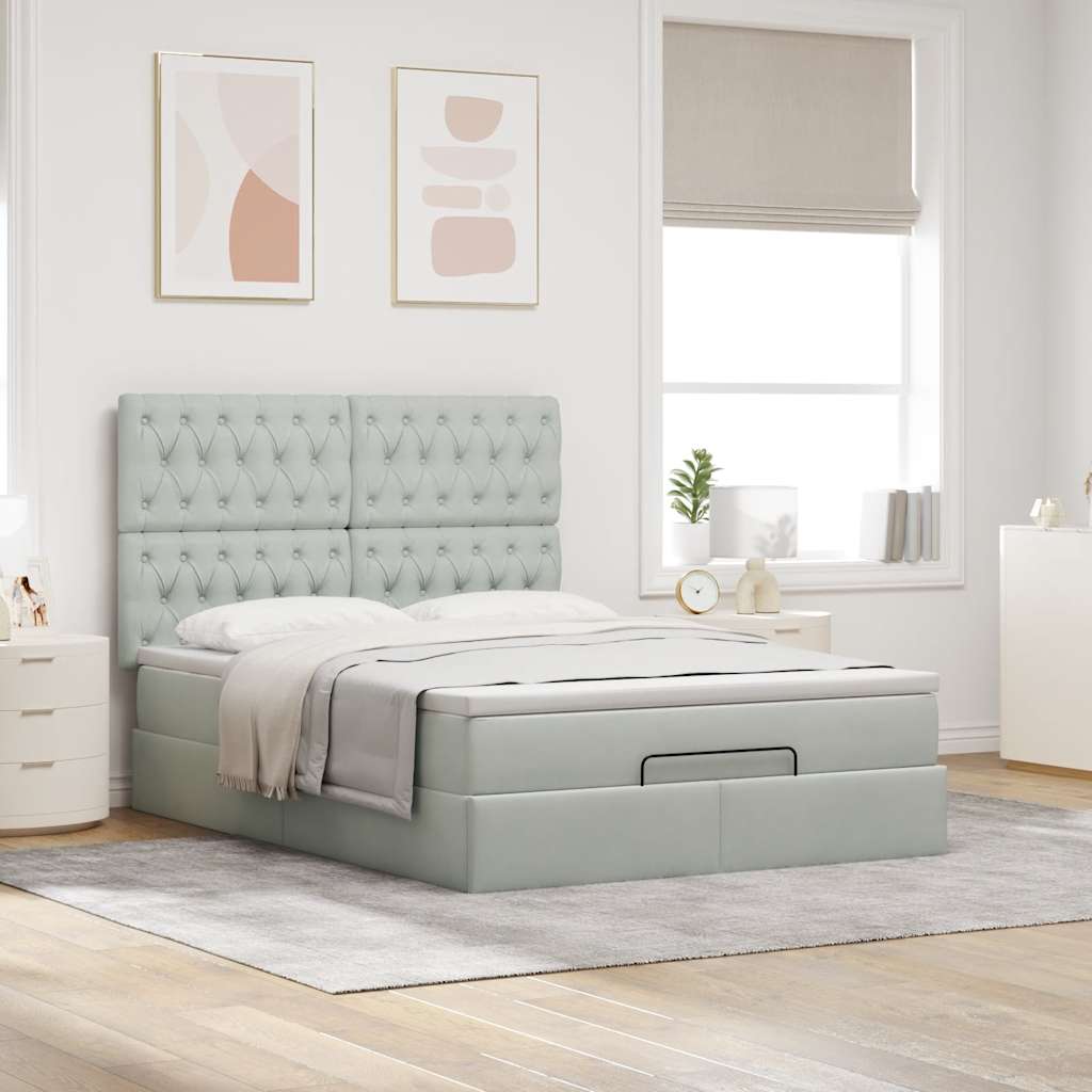 Cadre de lit ottoman et matelas gris clair 140x190 velours - XIOS