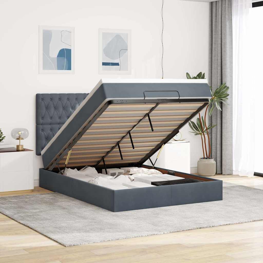 Cadre de lit ottoman avec matelas gris foncé 140x200 cm velours - XIOS