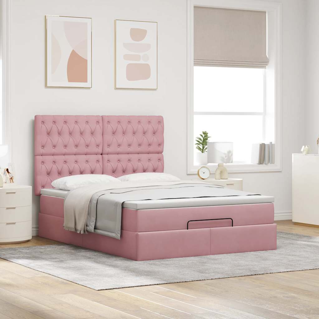 Cadre de lit ottoman avec matelas rose 140x200 cm velours - XIOS