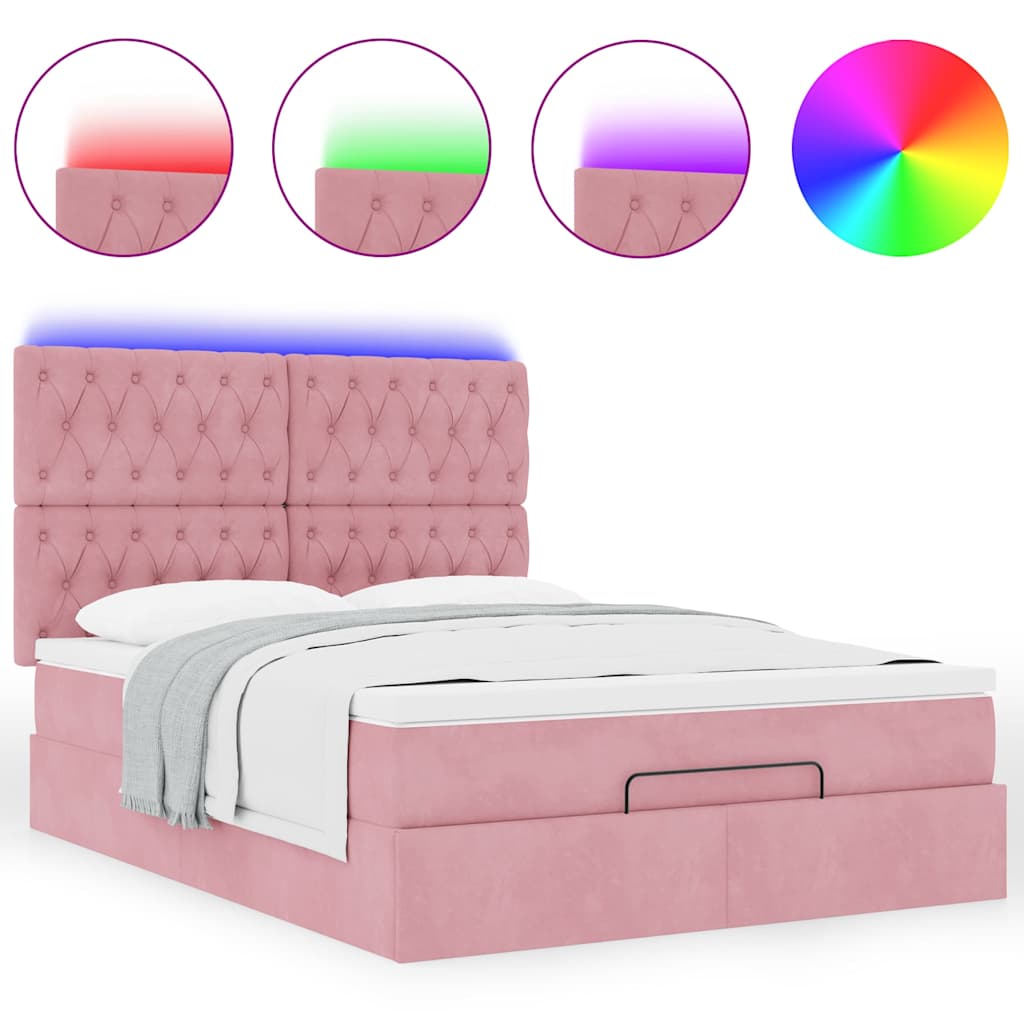 Cadre de lit ottoman avec matelas rose 140x200 cm velours - XIOS