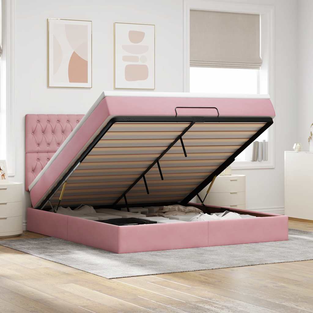 Cadre de lit ottoman avec matelas rose 160x200 cm velours - XIOS