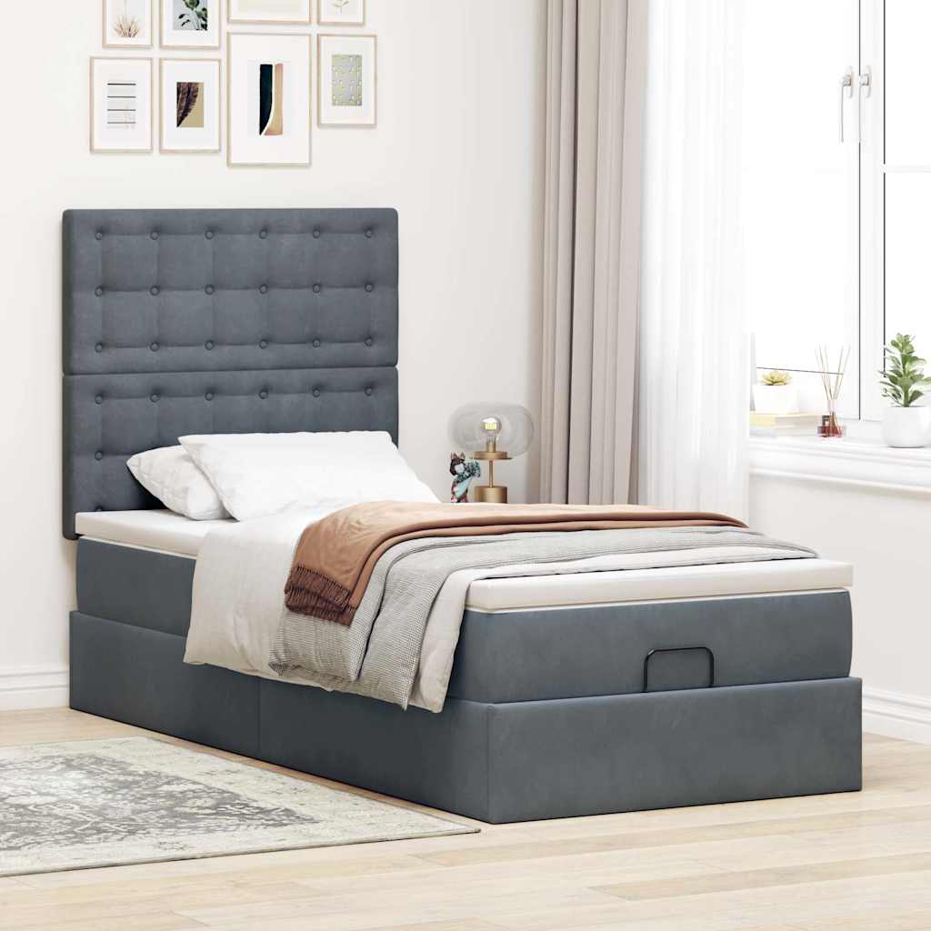 Cadre de lit ottoman avec matelas gris foncé 80x200 cm velours - XIOS