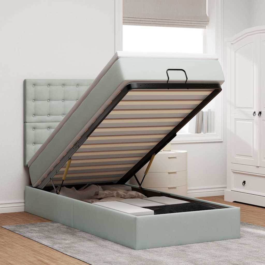 Cadre de lit ottoman et matelas gris clair 90x190 cm velours - XIOS