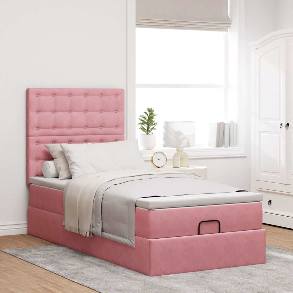 Cadre de lit ottoman avec matelas rose 90x190 cm velours