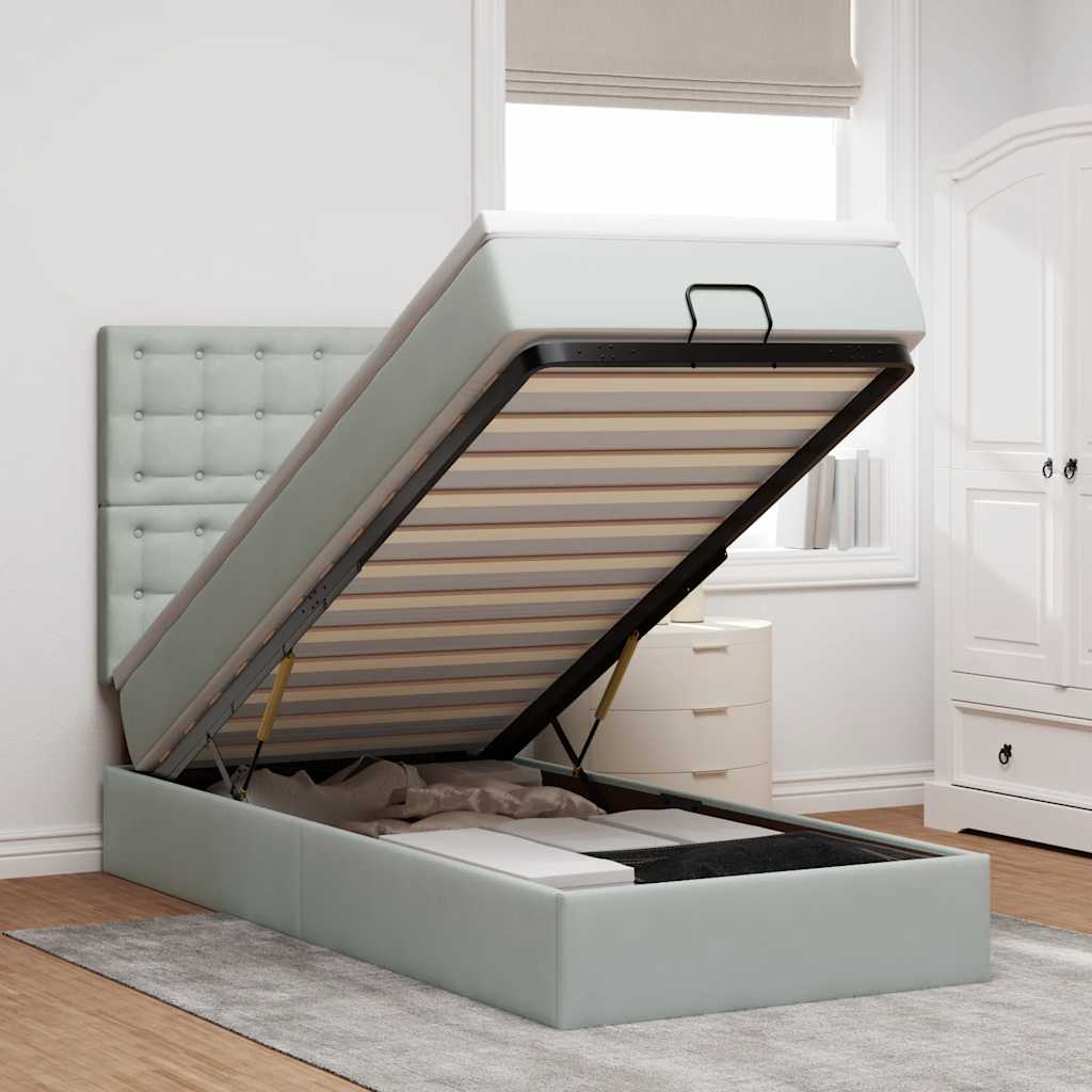 Cadre de lit ottoman et matelas gris clair 90x200 cm velours - XIOS