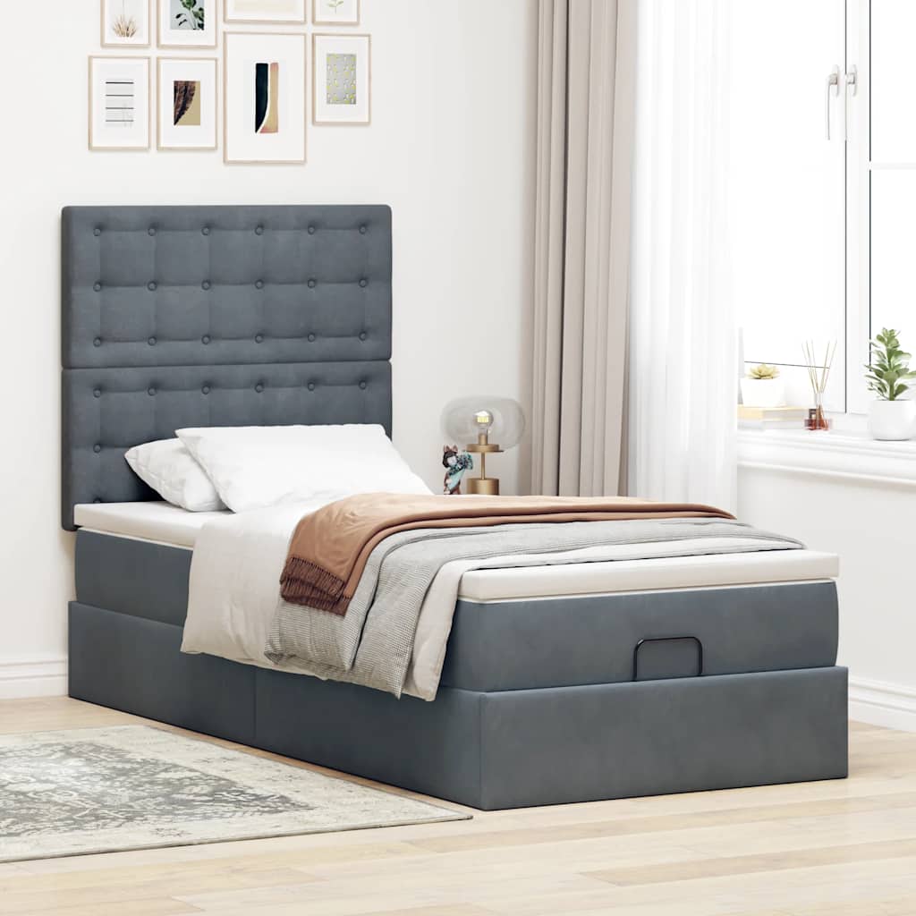 Cadre de lit ottoman et matelas gris foncé 90x200 cm velours - XIOS