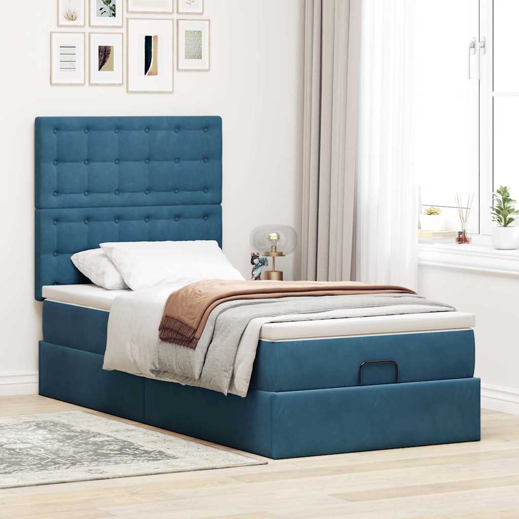 Cadre de lit ottoman avec matelas bleu foncé 90x200 cm velours - XIOS