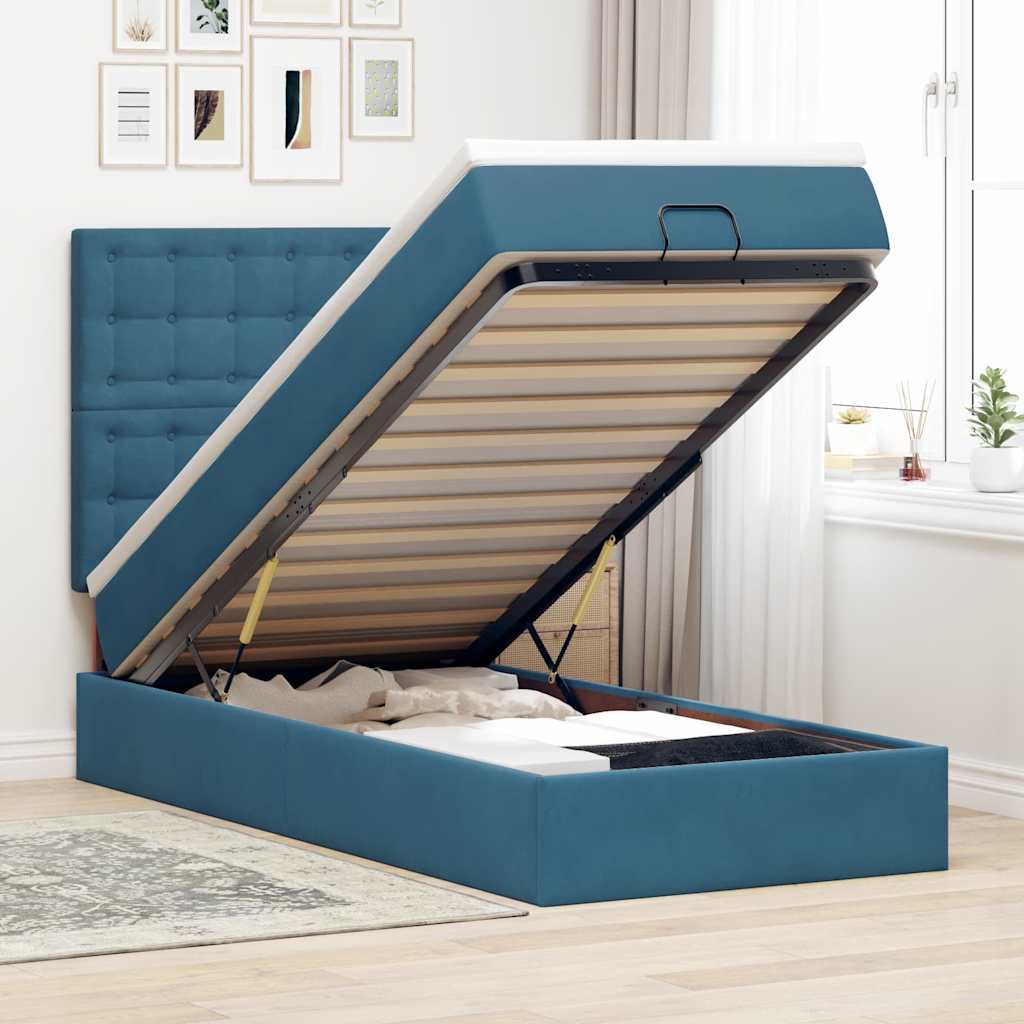 Cadre de lit ottoman avec matelas bleu foncé 90x200 cm velours - XIOS