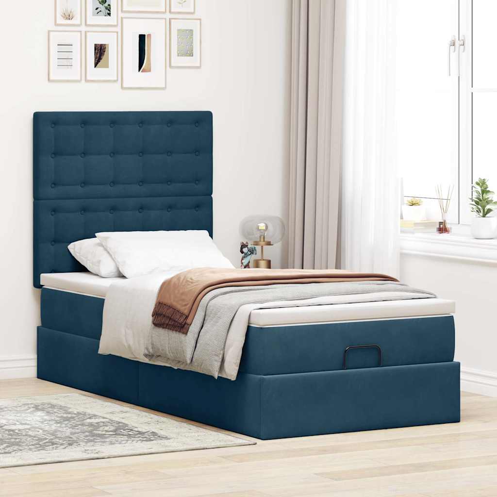 Cadre de lit ottoman avec matelas bleu foncé 100x200 cm velours - XIOS