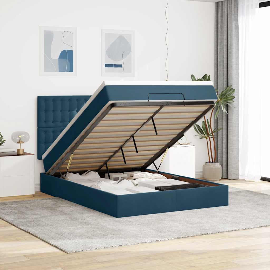 Cadre de lit ottoman avec matelas bleu foncé 140x190 cm velours - XIOS