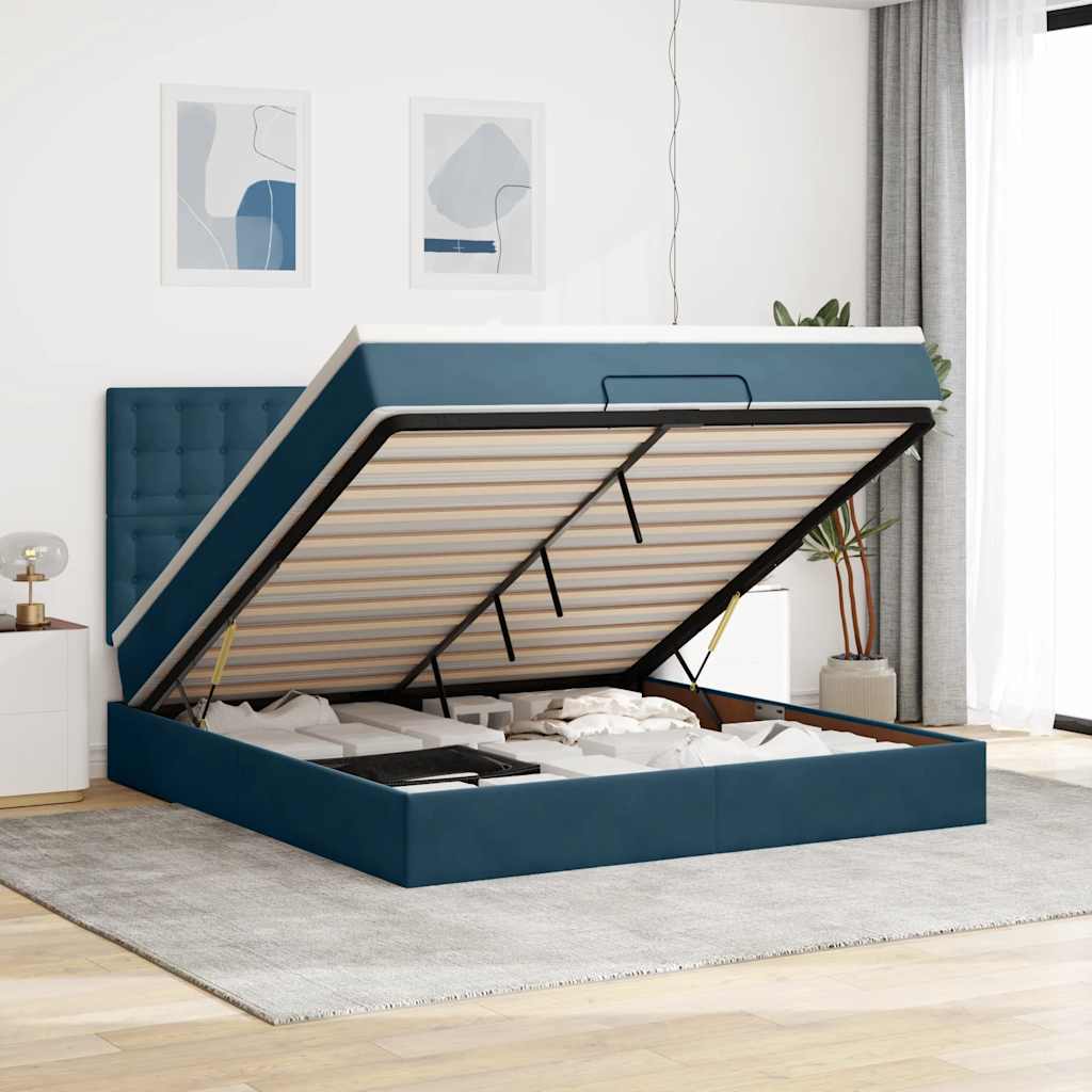 Cadre de lit ottoman avec matelas bleu foncé 180x200 cm velours - XIOS