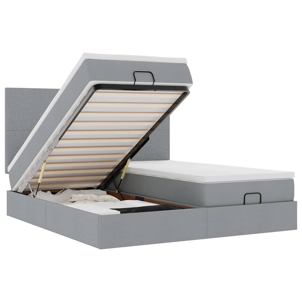 Cadre de lit ottoman et matelas gris clair 160x200cm tissu - XIOS