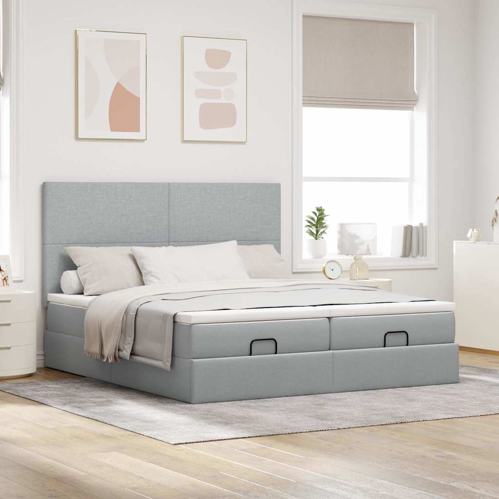 Cadre de lit ottoman et matelas gris clair 160x200cm tissu - XIOS