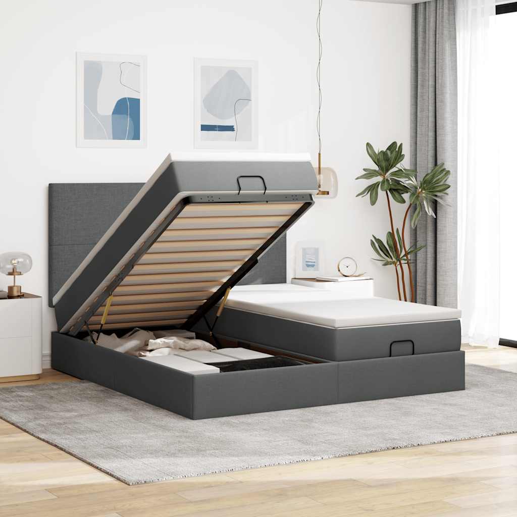 Cadre de lit ottoman avec matelas gris foncé 160x200cm tissu - XIOS