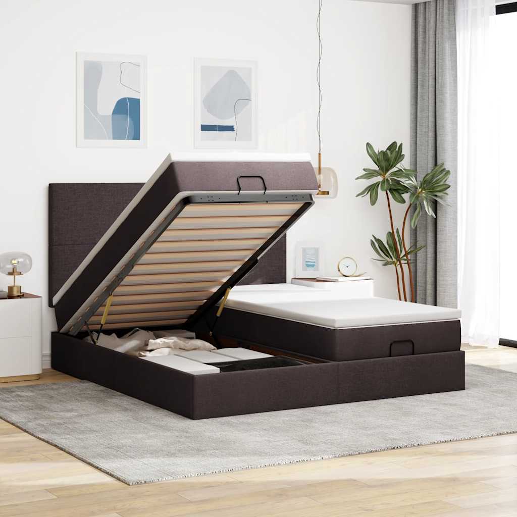 Cadre de lit ottoman avec matelas marron foncé 160x200 cm tissu - XIOS