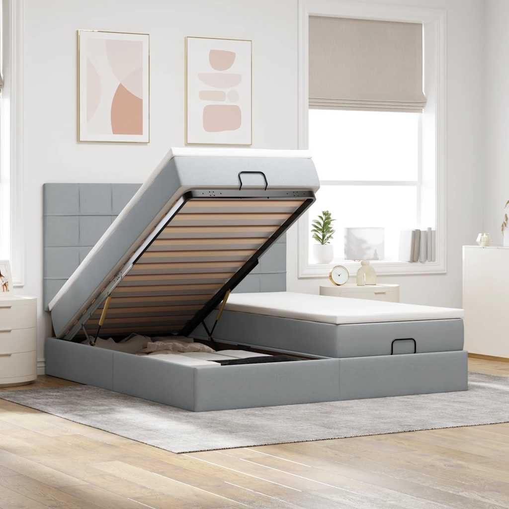 Cadre de lit ottoman et matelas gris clair 160x200cm tissu - XIOS