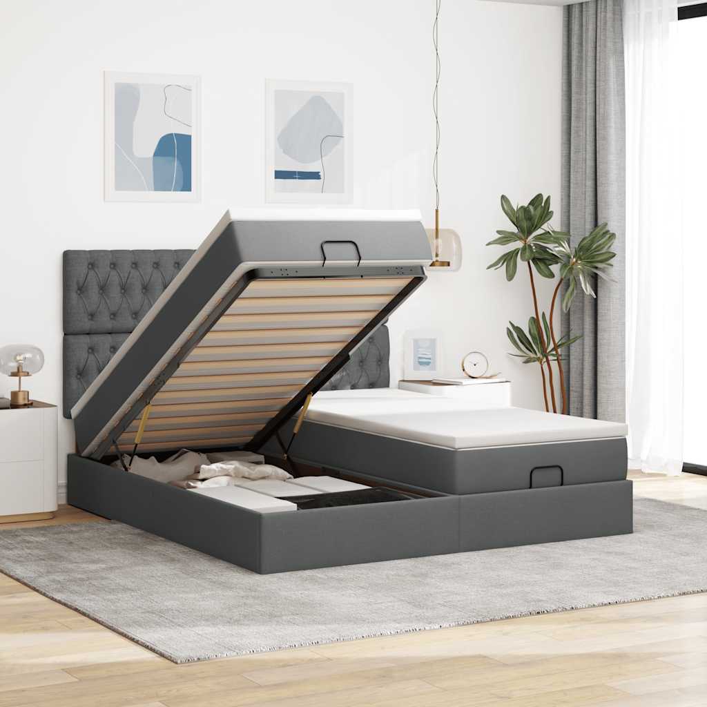 Cadre de lit ottoman avec matelas gris foncé 180x200cm tissu - XIOS