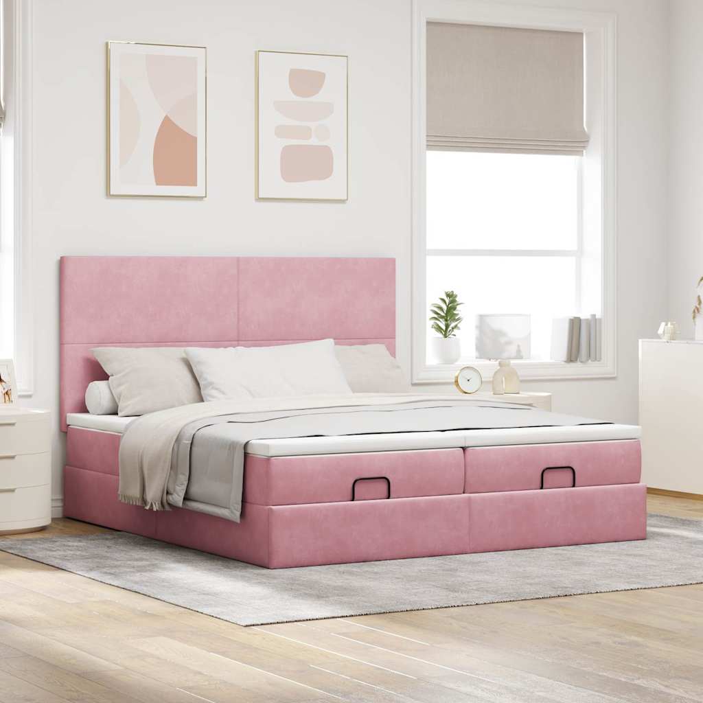 Cadre de lit ottoman avec matelas rose 160x200 cm velours - XIOS