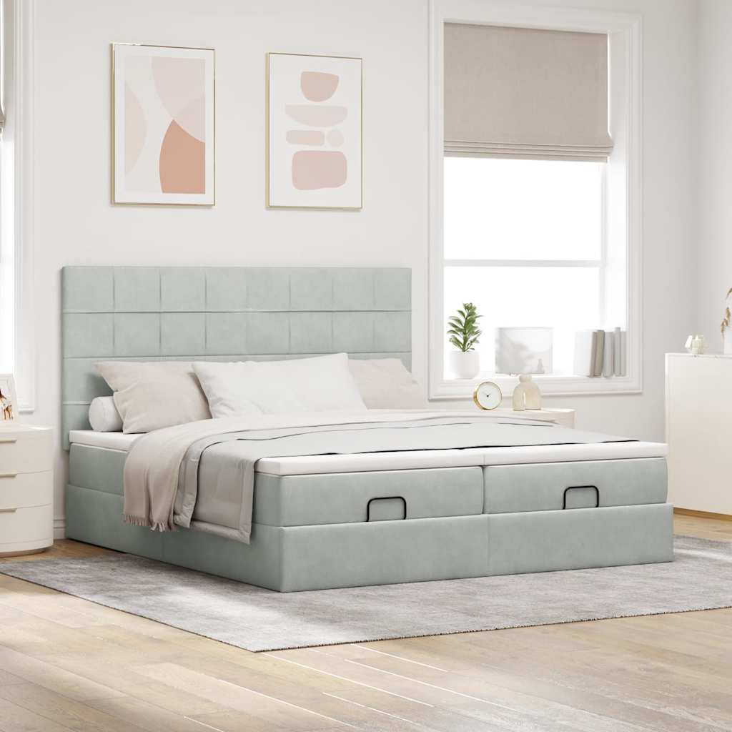 Cadre de lit ottoman et matelas gris clair 160x200cm velours - XIOS