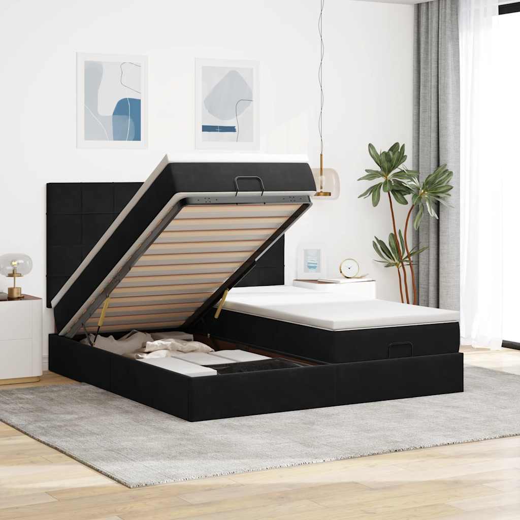 Cadre de lit ottoman avec matelas noir 160x200 cm velours - XIOS