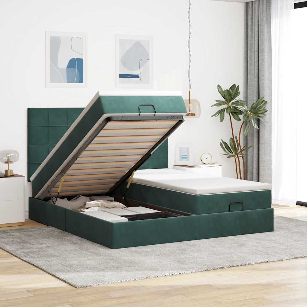 Cadre de lit ottoman avec matelas vert foncé 160x200 cm velours - XIOS