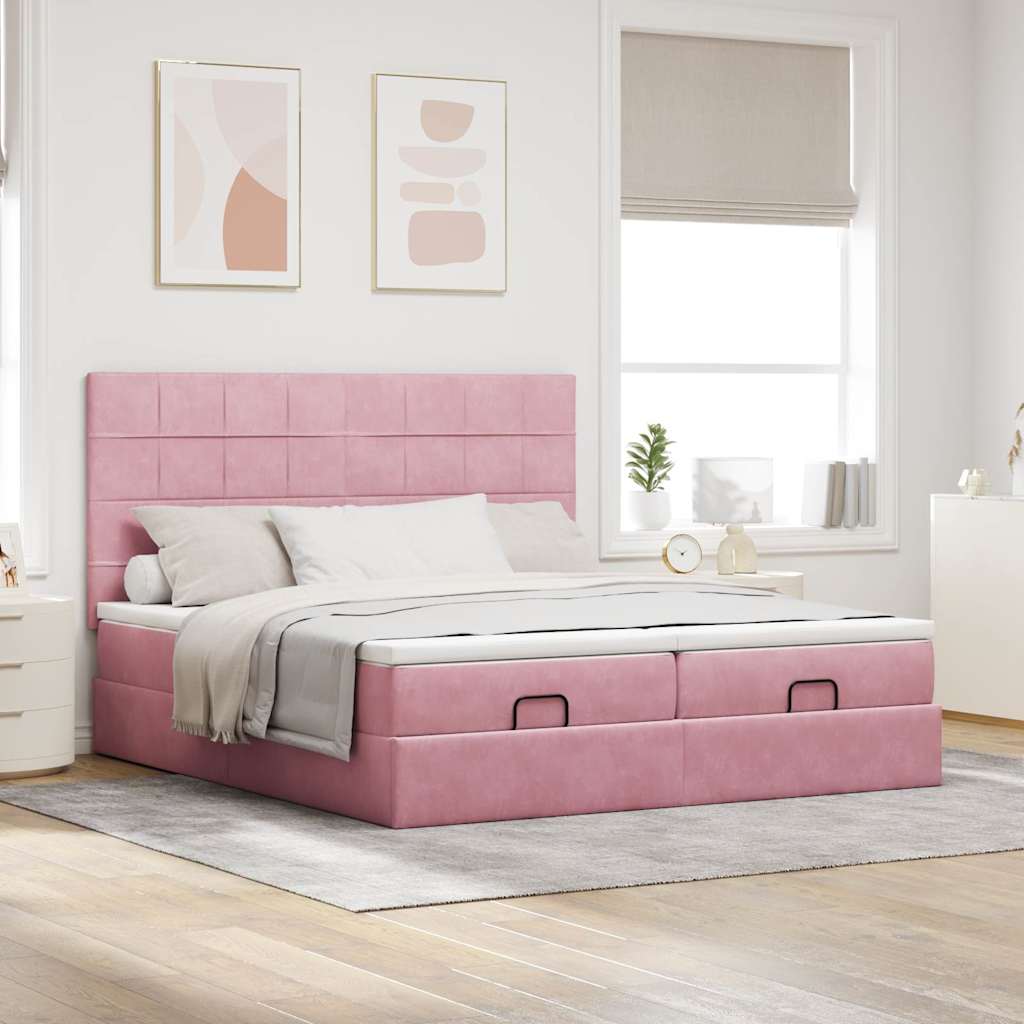 Cadre de lit ottoman avec matelas rose 160x200 cm velours - XIOS