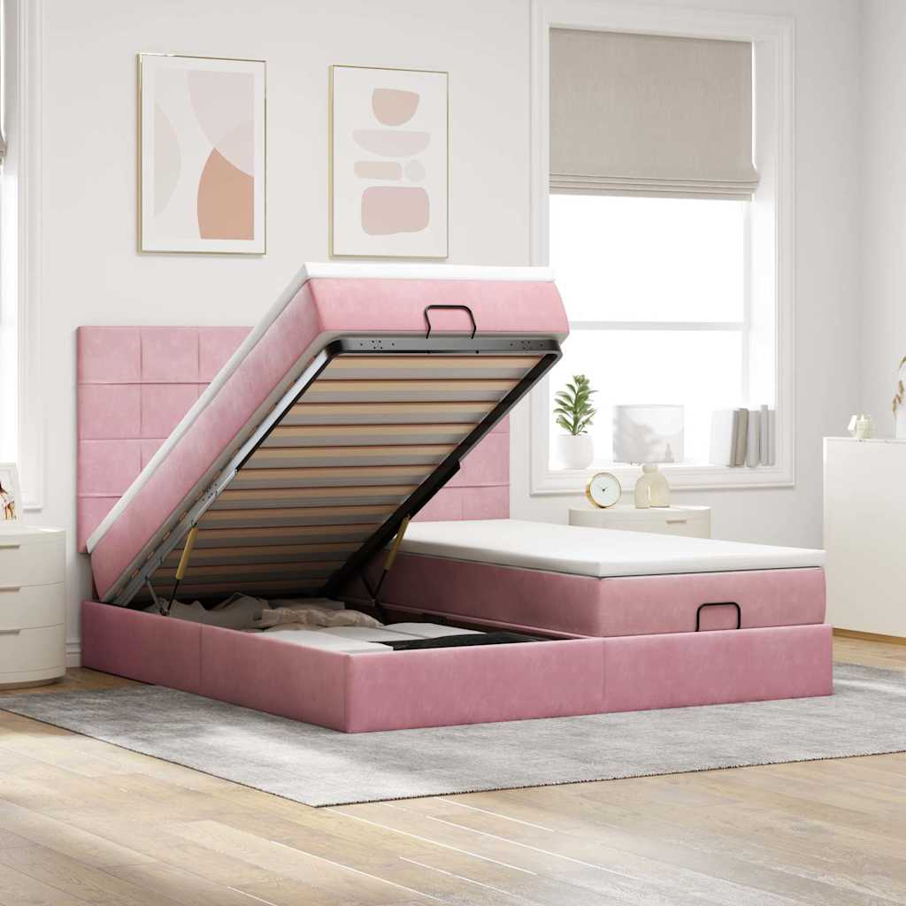 Cadre de lit ottoman avec matelas rose 160x200 cm velours - XIOS